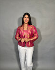 Pink Satin Silk Brocade Ethnic Blazer for Women - Festive Wear